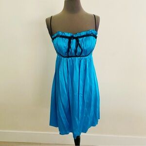 VINTAGE 90’S Y2K BETSEY JOHNSON 100% SILK BLUE BLACK BABYDOLL MINI DRESS SIZE 10